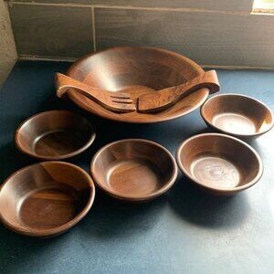 Mid-Century Modern Vermillion Real Walnut 7-Piece Salad Bowl Set With Serving Ut